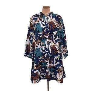 Lilla P Dress Size Medium Teal Blue Brown Floral Print